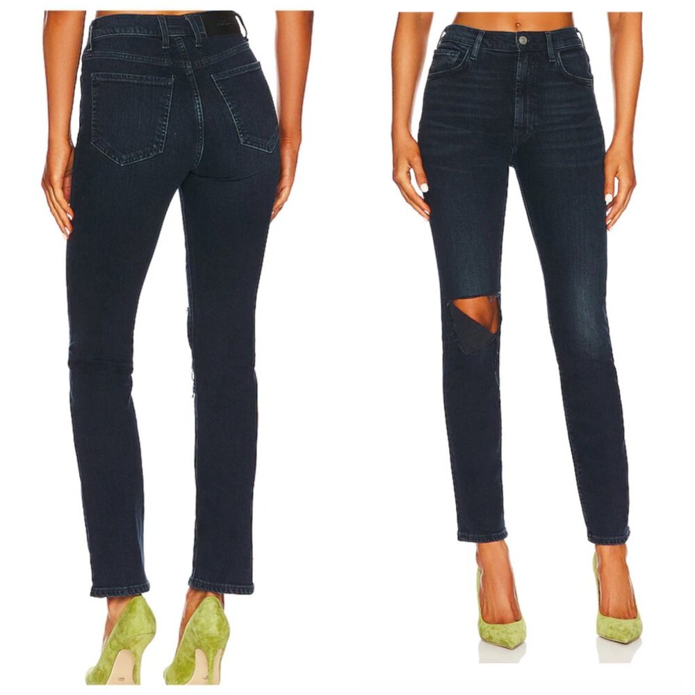 NWT 7 For All Mankind Easy Slim Dark Distressed with Open Knee Jeans, Size 28 - Picture 8 of 13